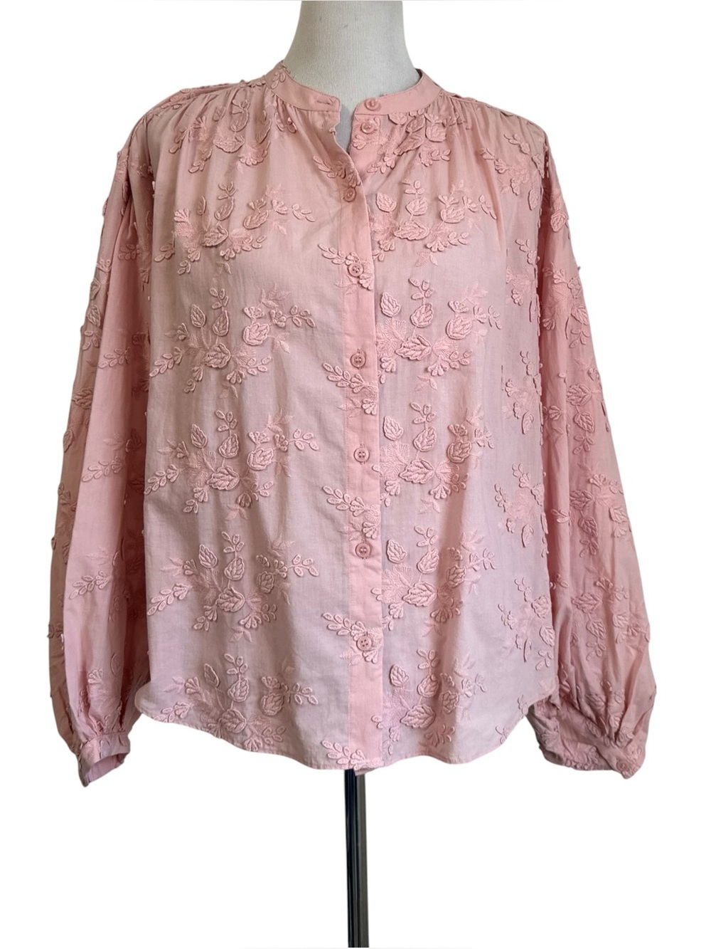 & Other Stories Womens Floral Embroidery Puff Sleeve Top Sz 6 Pink Button Up